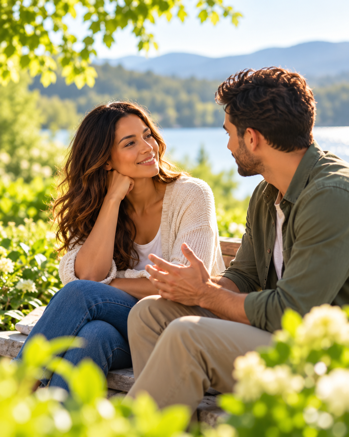 Two adults sharing a supportive conversation beside a lake
